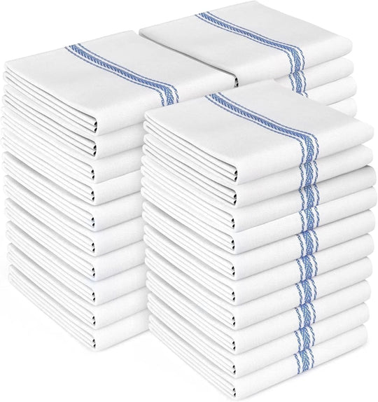 BASK Classic Cotton Kitchen Towels – 30 Pack, Blue Stripe