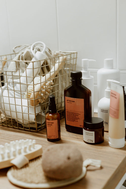 Calm bathroom corner with bath products